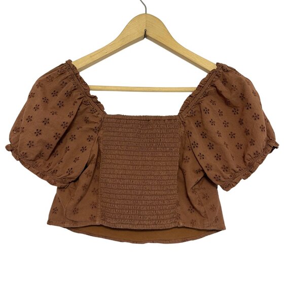 Hollister Cottage Crop Top XS Brown Cotton Eyelet Embroidered Boho Babydoll - Picture 4 of 9